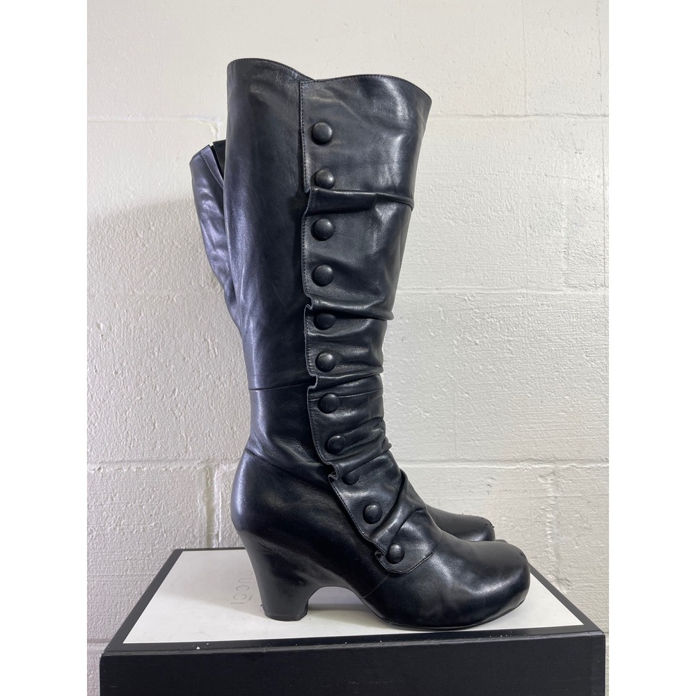 Miz Mooz Janessa Black Leather Heels Button Tall Boots Slouchy Women's Size 9